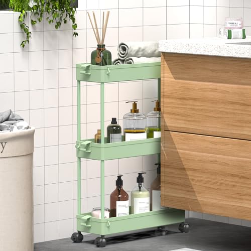 Slim Storage Cart 3 Tier Mobile Shelving Unit Rolling Utility Cart Tower Rack, Plastic & Stainless Steel A838