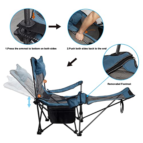 Camping Folding Chair with Foot Rest, Cup Holder, Removable Storage Bag (Blue) I600
