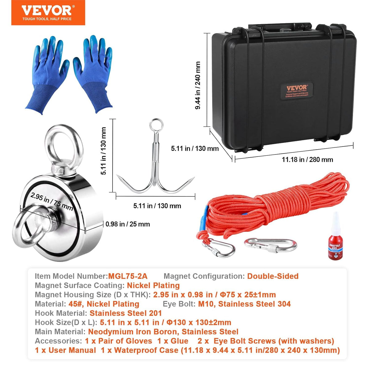 1200 LBS Double Sided Neodymium Magnet Fishing Kit with 65 FT Rope V309510