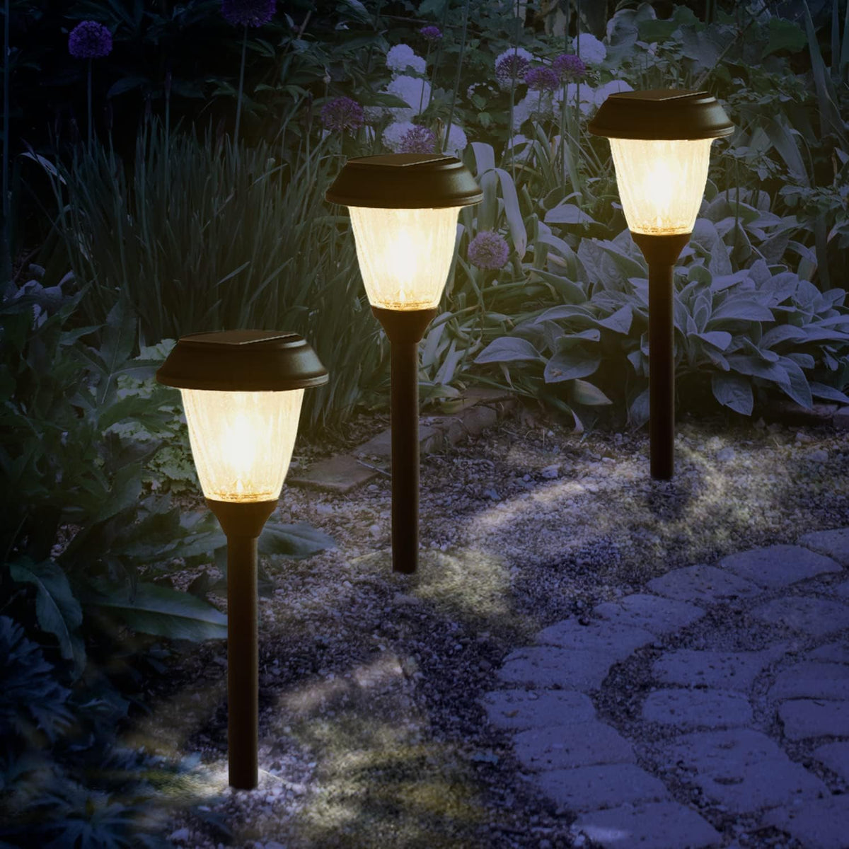 4 Pack Warm White Black Metal Glass Solar Path Lights J99587