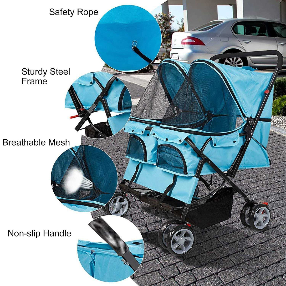 Double Pet Stroller Foldable Two-Seater Carrier Strolling Cart S958421