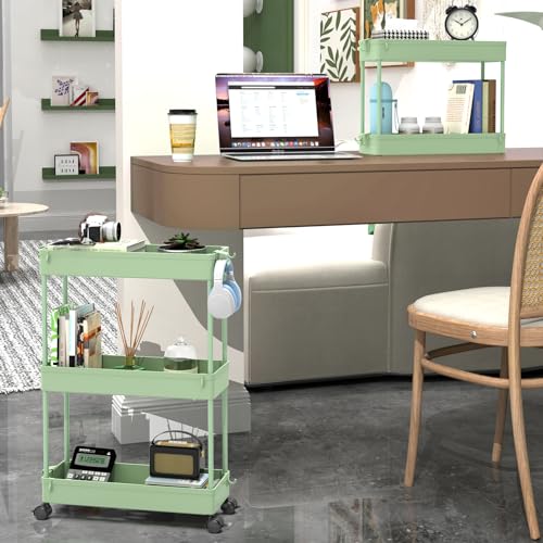 Slim Storage Cart 3 Tier Mobile Shelving Unit Rolling Utility Cart Tower Rack, Plastic & Stainless Steel A838
