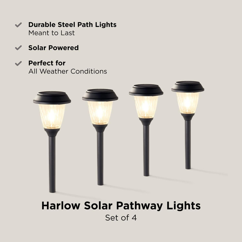 4 Pack Warm White Black Metal Glass Solar Path Lights J99587