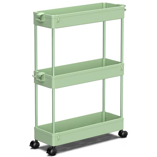 Slim Storage Cart 3 Tier Mobile Shelving Unit Rolling Utility Cart Tower Rack, Plastic & Stainless Steel A838