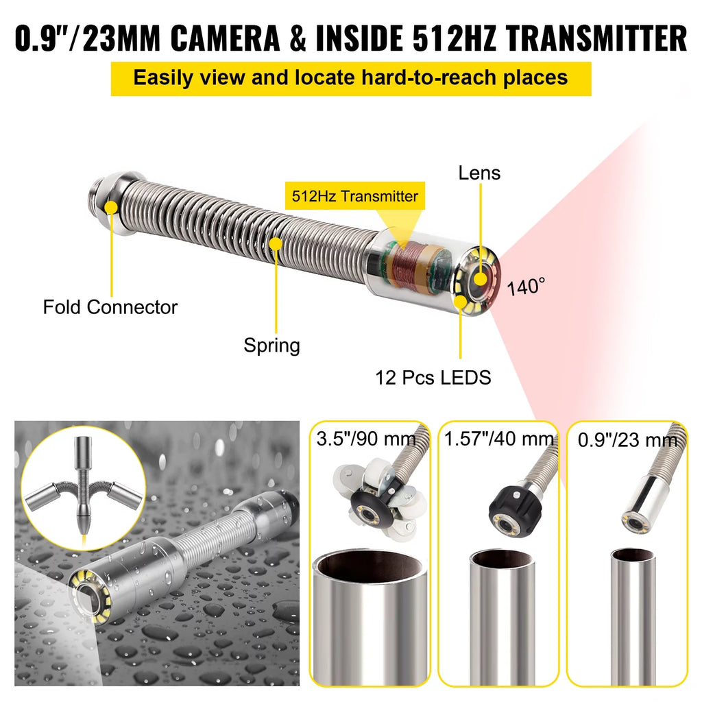 165' Cable Waterproof IP68 Sewer Camera with 512Hz Sonde Transmitter & Receiver O74103
