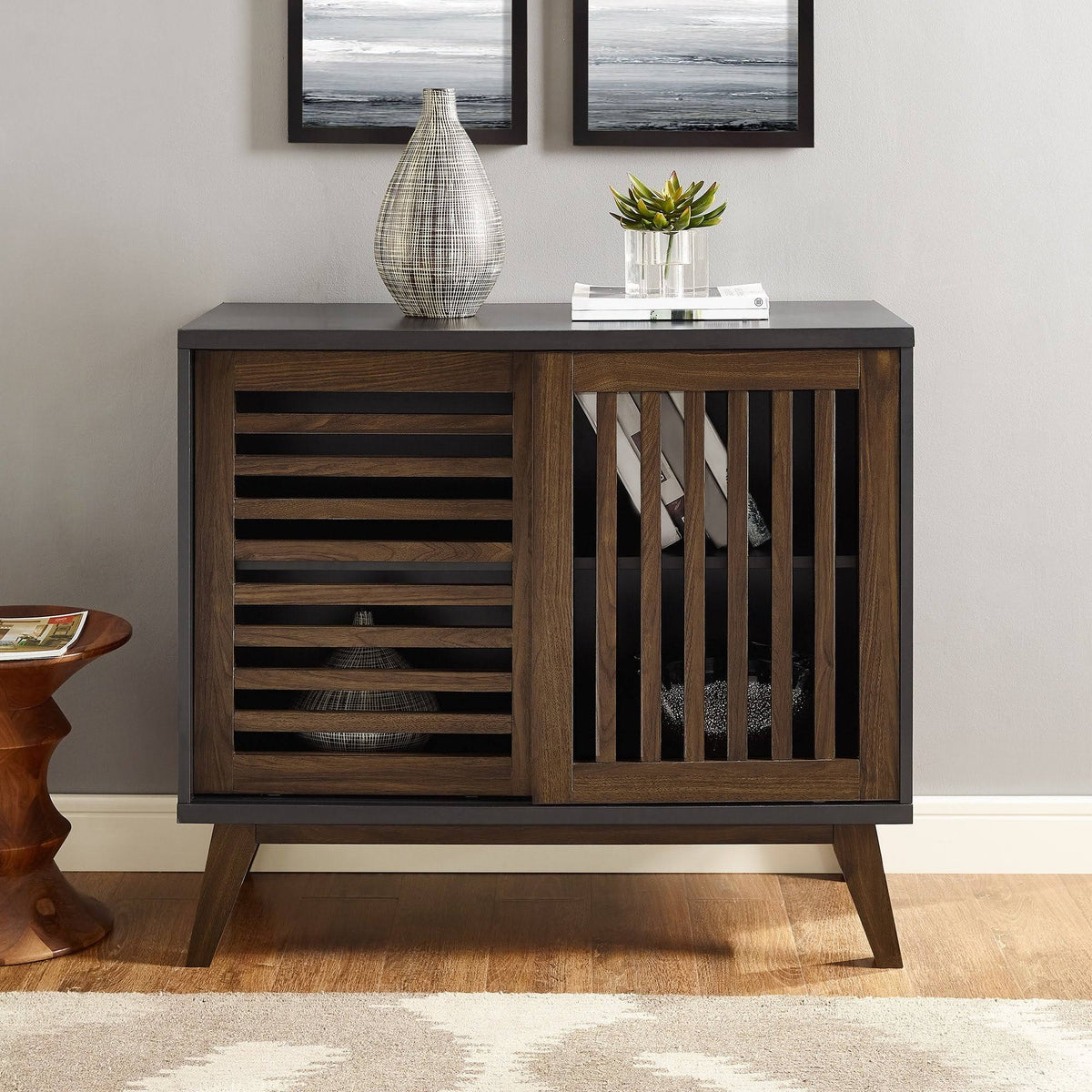36x22 Two Shelf Laminate and Metal Accent Cabinet White with Rustic Oak D418