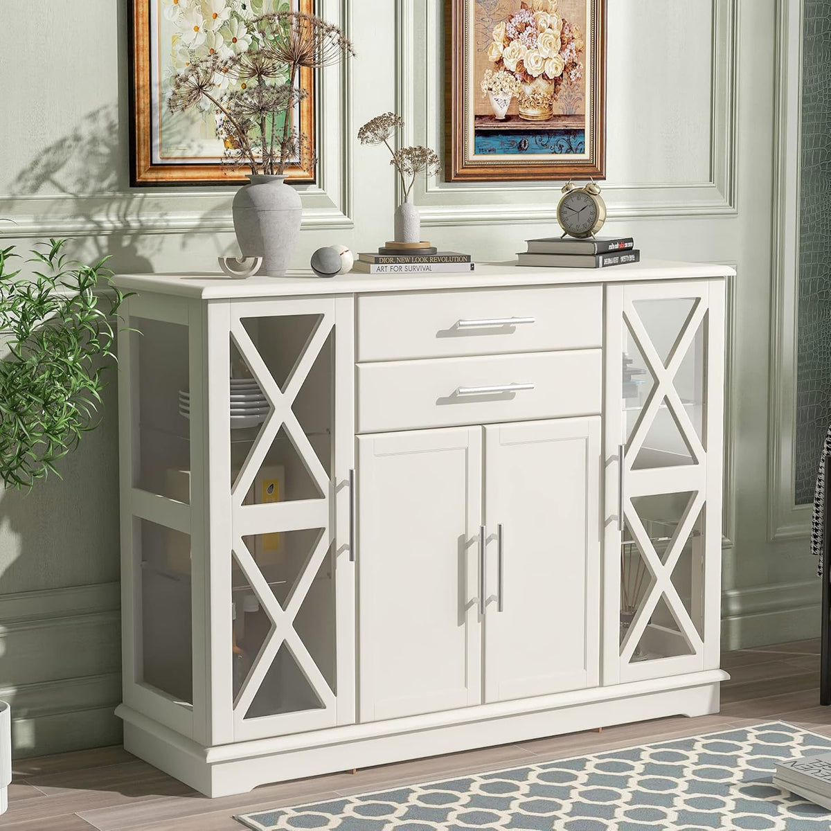 Black Console Table with Tempered Glass Cabinets, 4 Doors, Adjustable Shelves, 2 Storage Drawers X1585