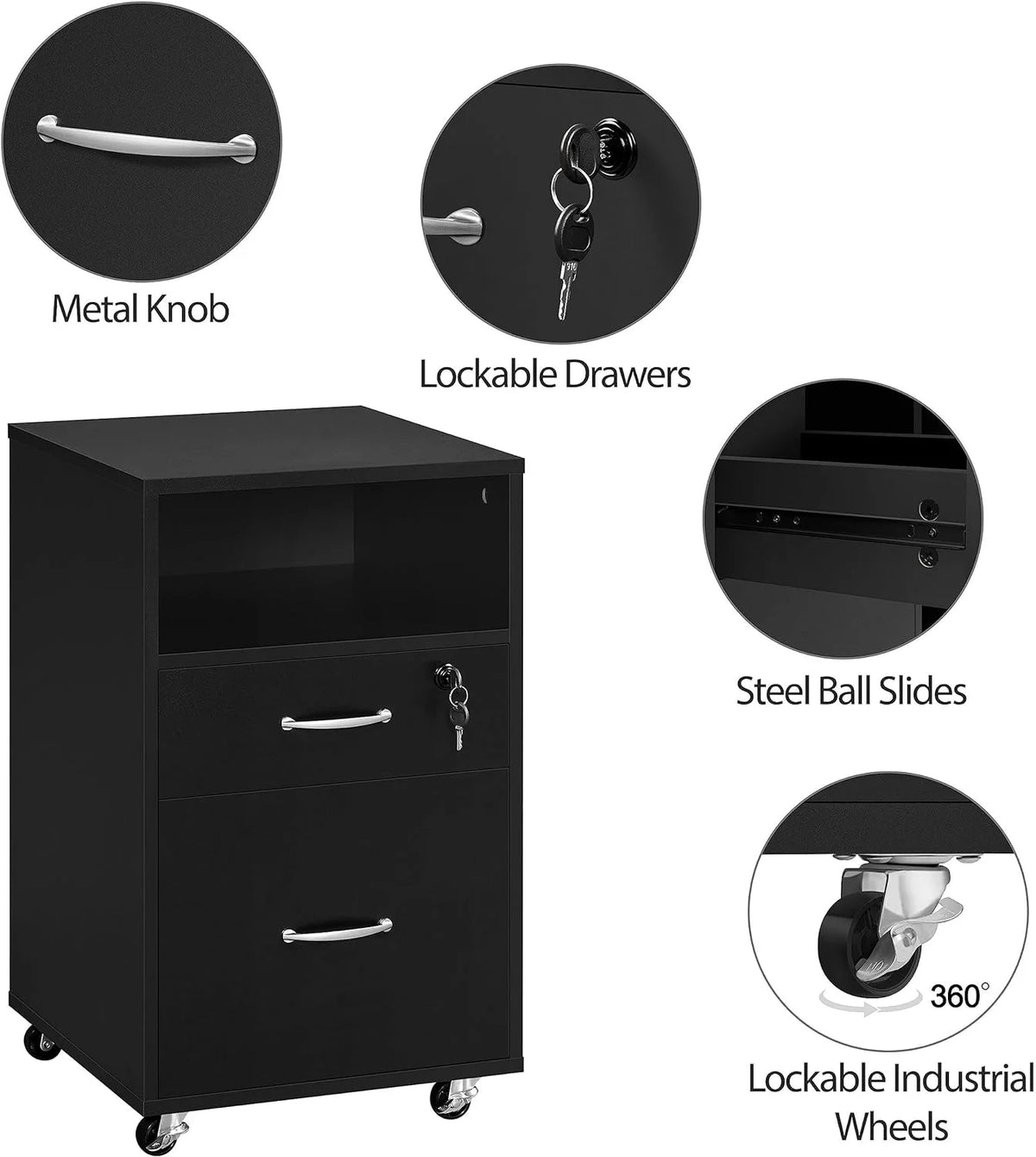 2pcs Mobile File Cabinet Letter Size Filing Cabinet with Printer Stand Black Rustic Brown A8056