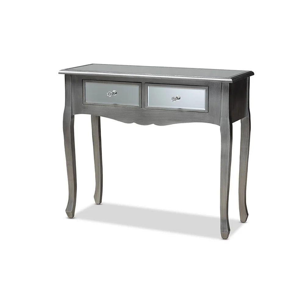 Brushed Wood and Mirrored Glass 2-Drawer Console Table D7608