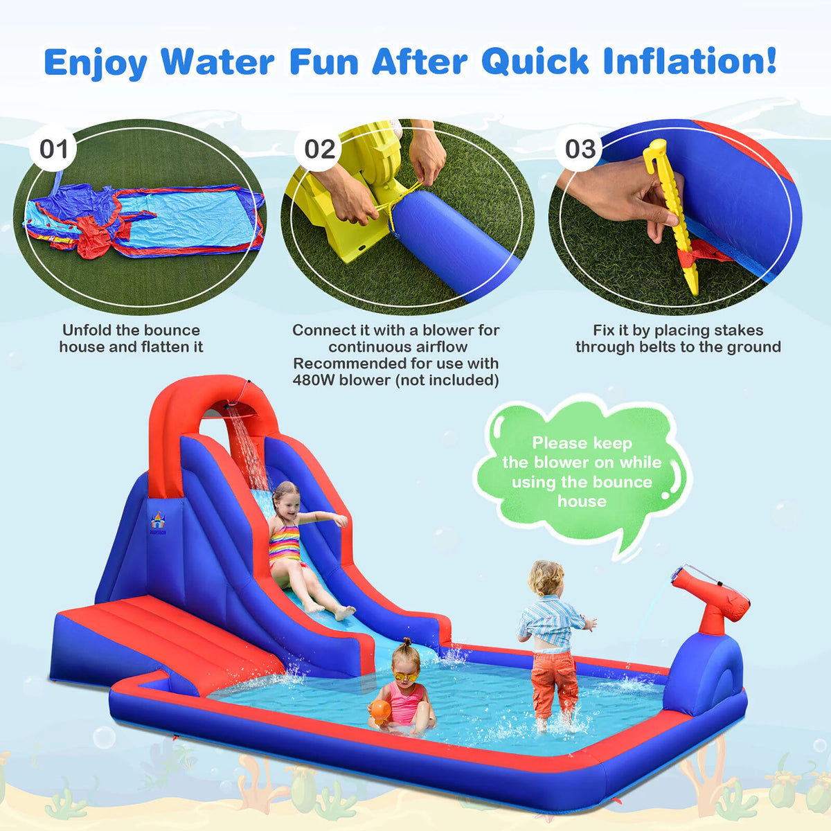 Inflatable Water Slide Park with Climb Slide Pool & 2 Swim Rings C2052