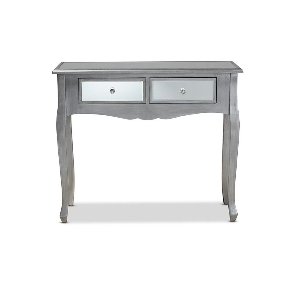 Brushed Wood and Mirrored Glass 2-Drawer Console Table D7608