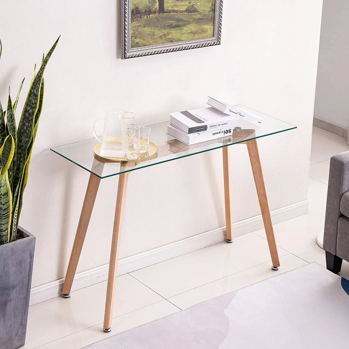 Glass Console Table with Solid Wood Legs N8705