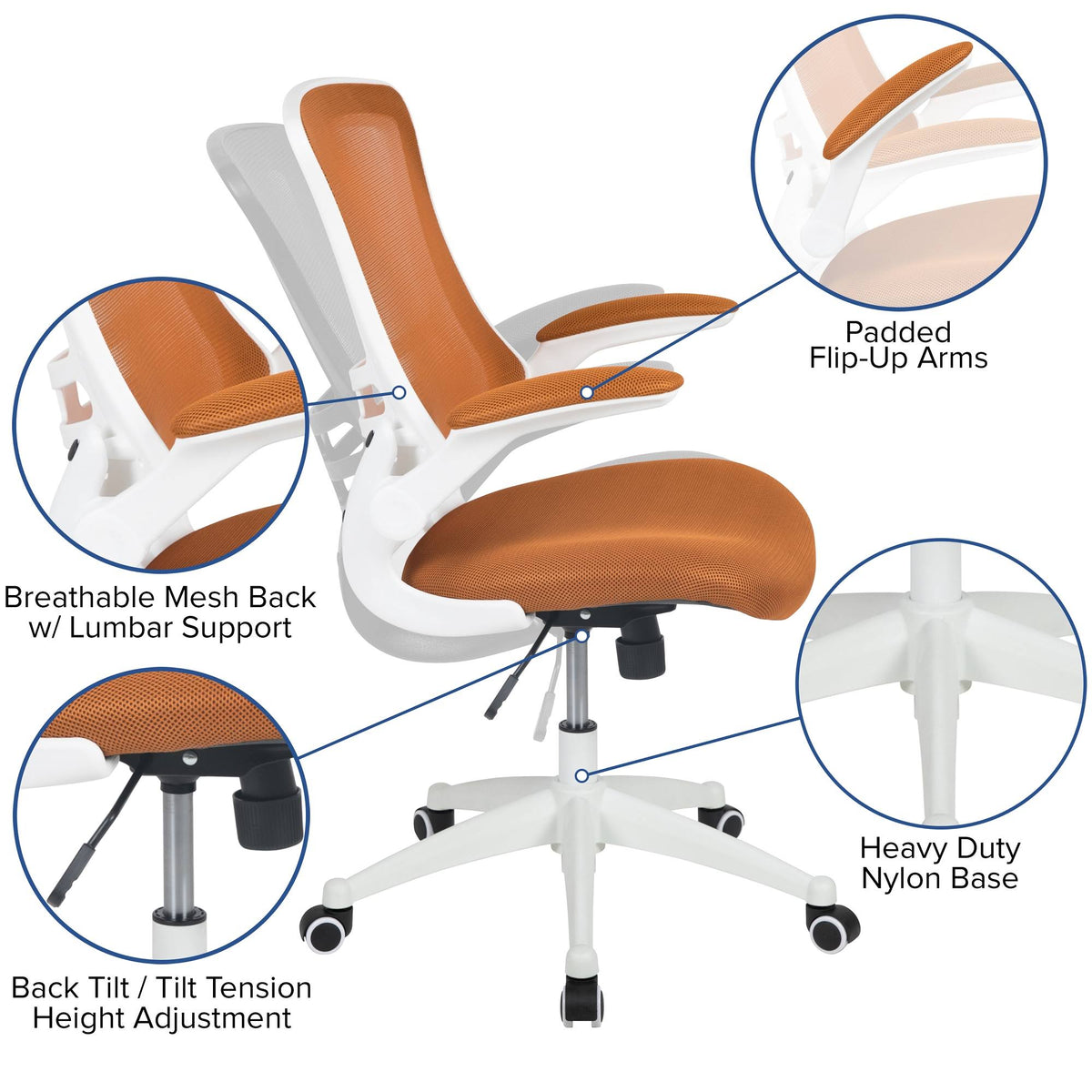 White and Tan Orange Mid-Back Swivel Ergonomic Task Office Chair with Flip-Up Arms L829790