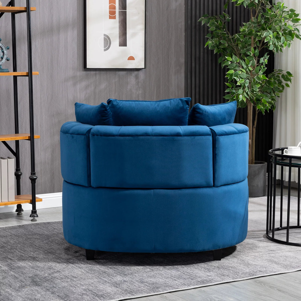 Navy Blue Velvet Oversized Barrel Accent Chair with 3 Pillows O59717