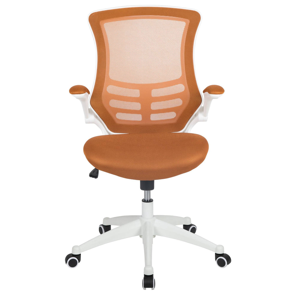 White and Tan Orange Mid-Back Swivel Ergonomic Task Office Chair with Flip-Up Arms L829790