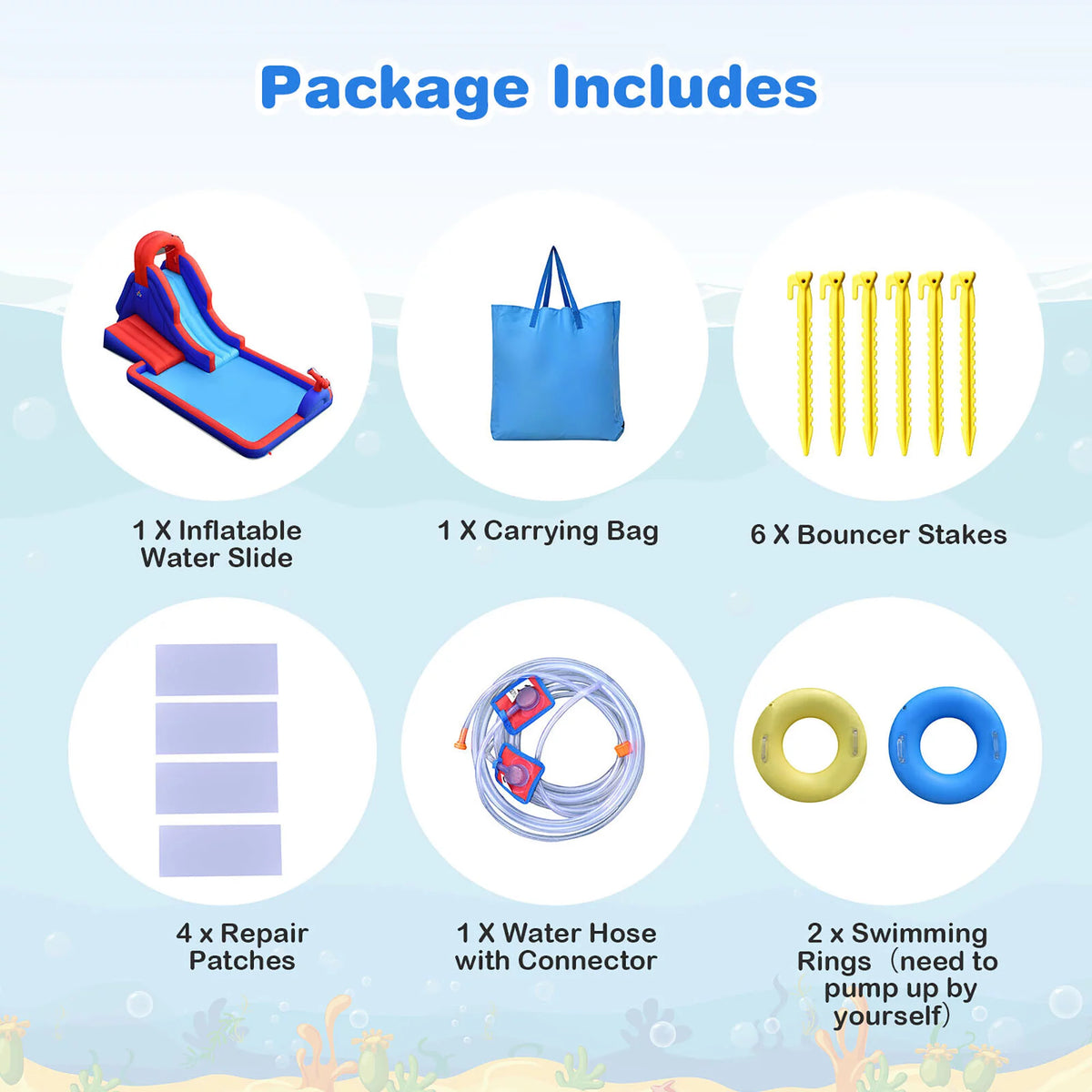 Inflatable Water Slide Park with Climb Slide Pool & 2 Swim Rings C2052