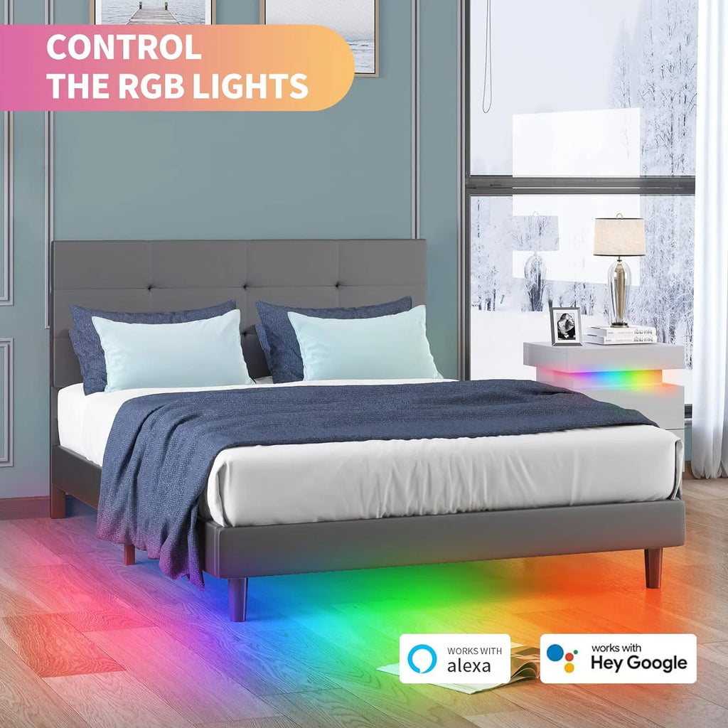 Full Size Bed Frame with RGB LED Lights Tufted Headboard Grey A886014