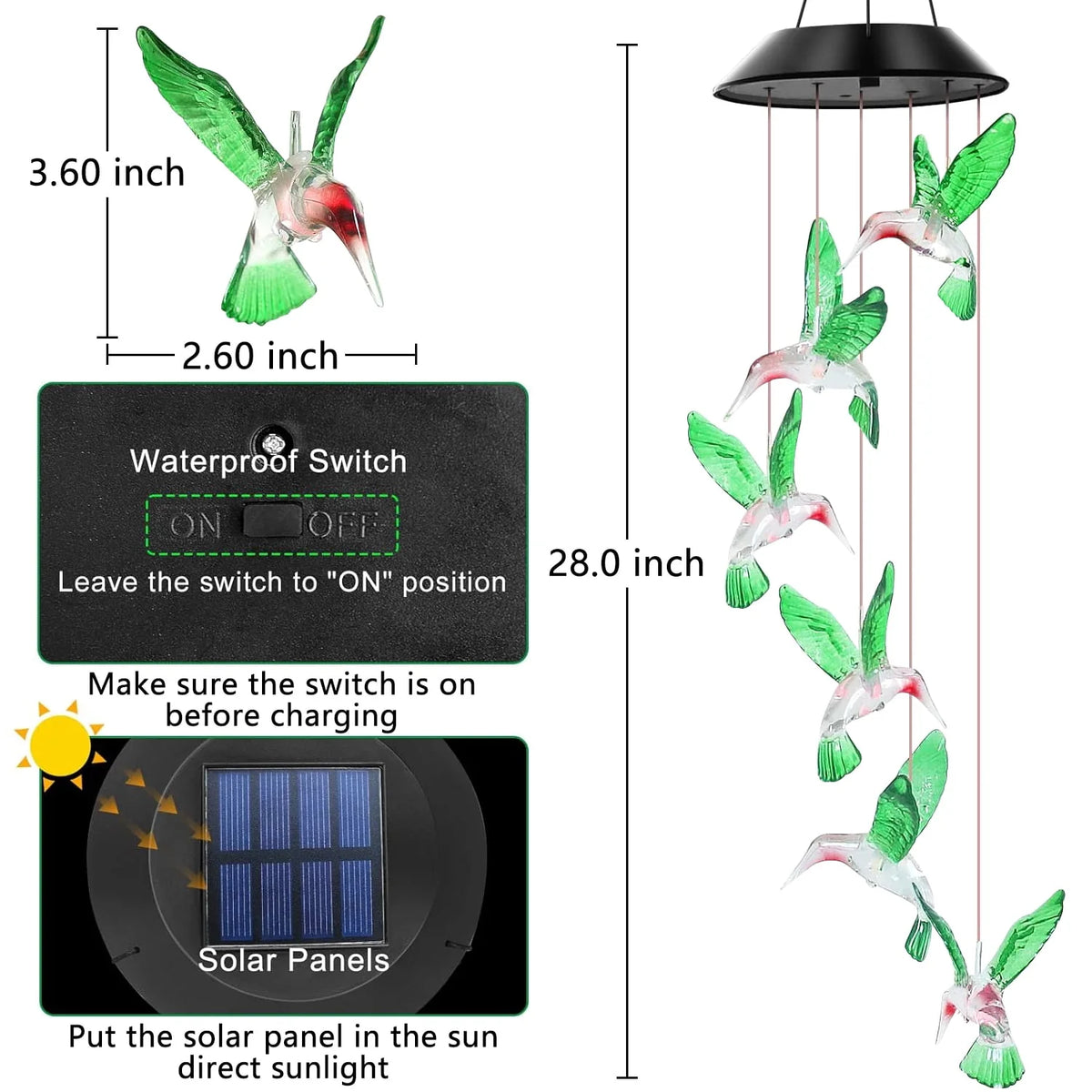 Solar Hummingbird Wind Chime with Color Changing LED Light S219