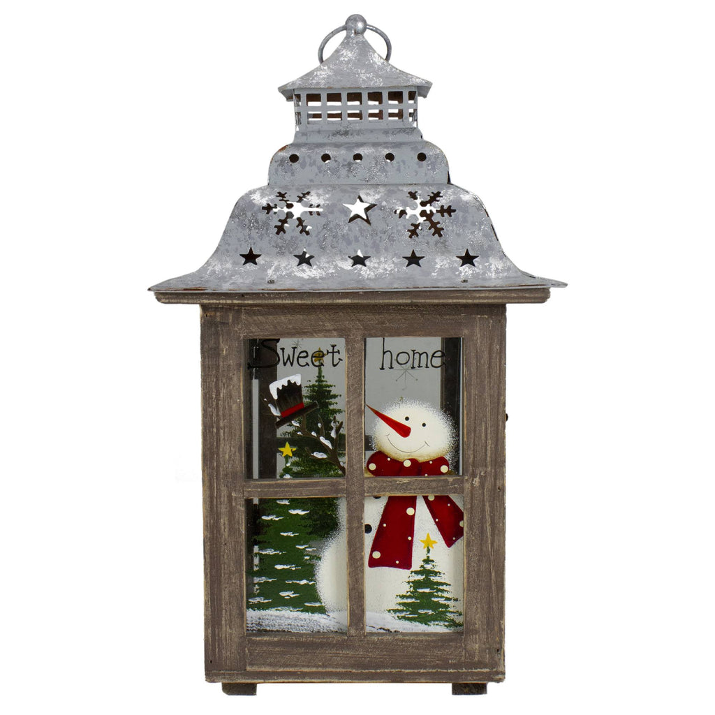 Rustic Wooden Snowman Holiday Scene Christmas Pillar Candle Lantern J631459
