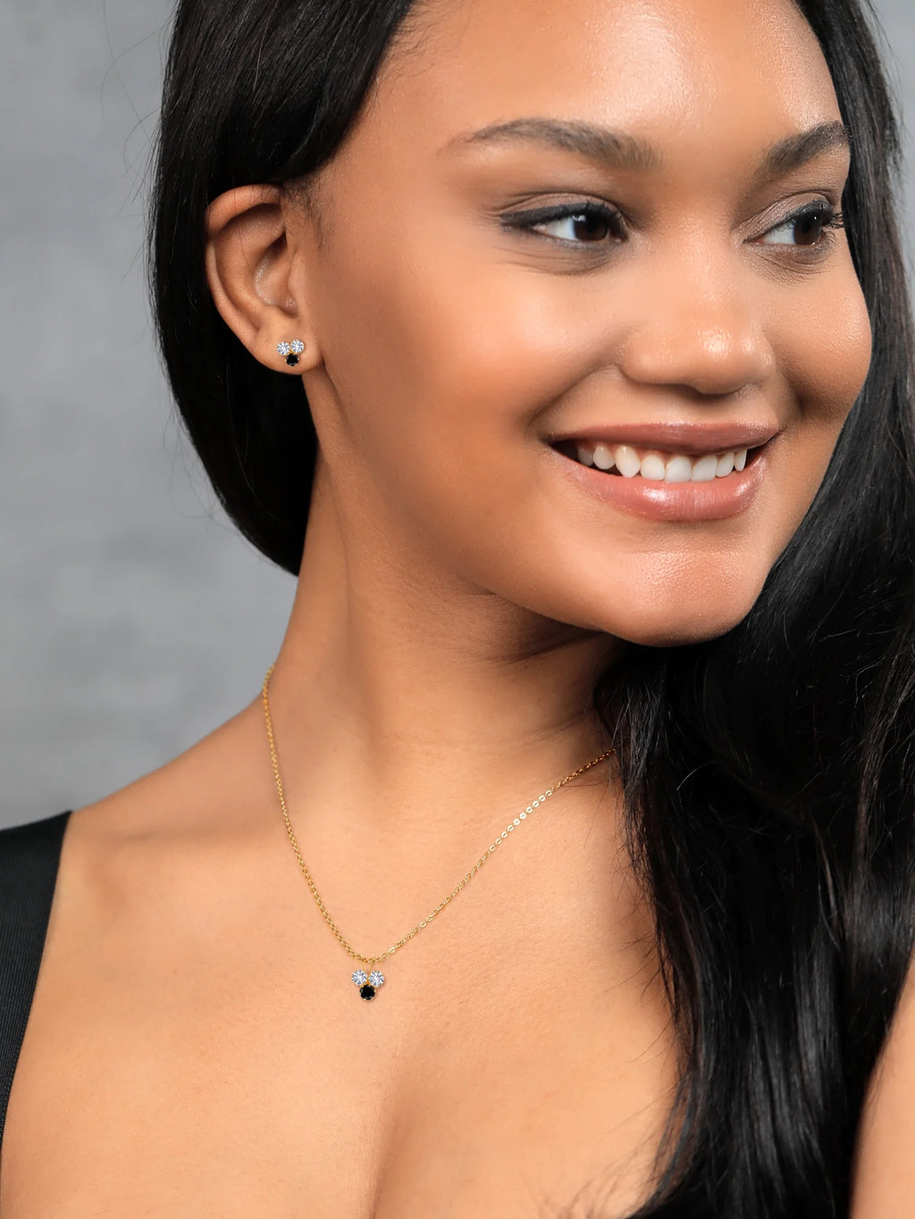 14K Yellow Gold White Created Sapphire and Black Diamond 3 Stone Pendant and Earrings Jewelry Set V8530