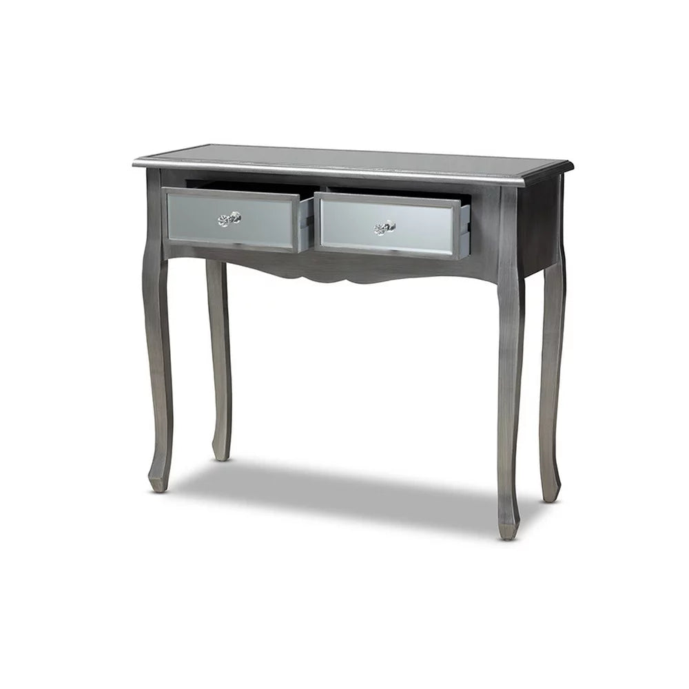 Brushed Wood and Mirrored Glass 2-Drawer Console Table D7608