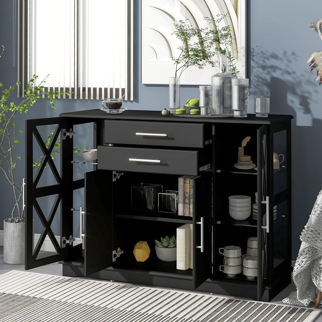 Black Console Table with Tempered Glass Cabinets, 4 Doors, Adjustable Shelves, 2 Storage Drawers X1585