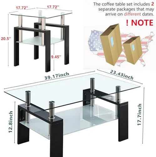 Glass Coffee Table End Table Sets of 3 White Metal Leg D875299