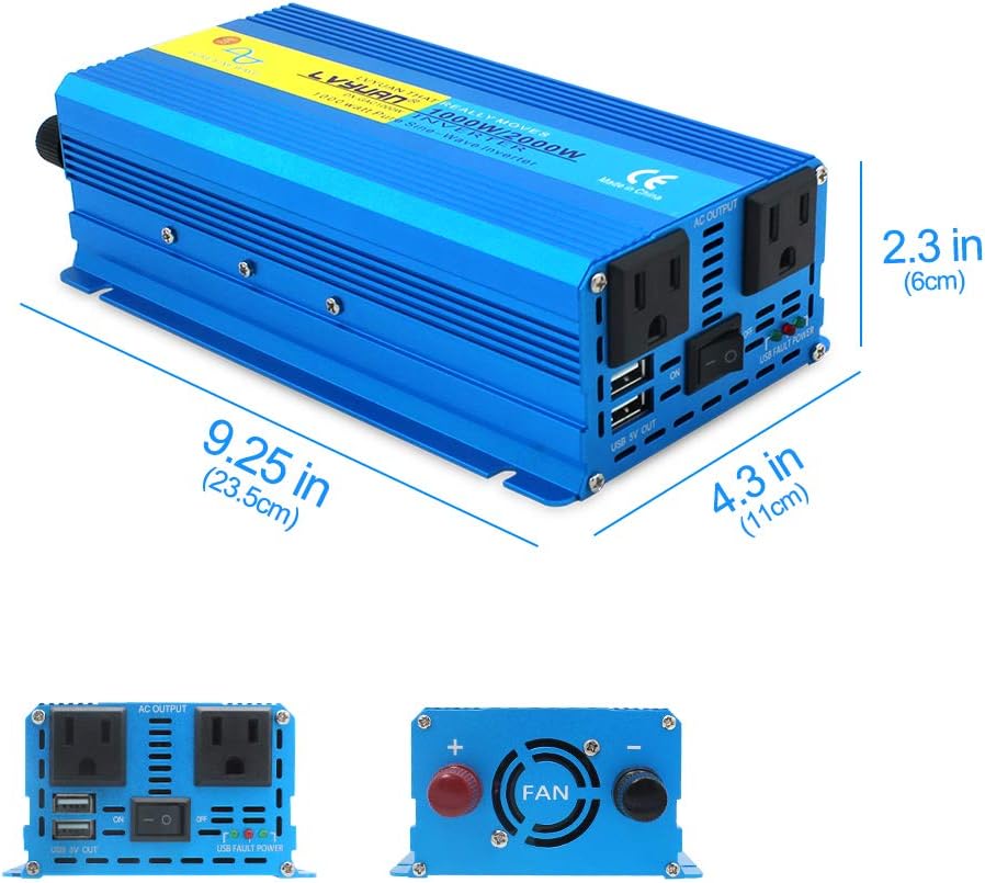 1000W Pure Sine Wave Power Inverter 12V to 110V DC to AC Converter with Dual USB Ports and Dual AC Outlets I6767