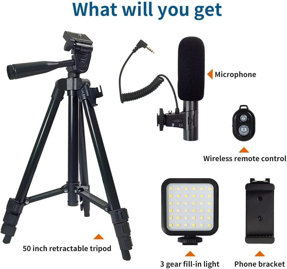 Vlogging Kit with Microphone, Remote Control, Fill-in Light, 15-50" Extendable Tripod Stand, Pack of 2 P795942