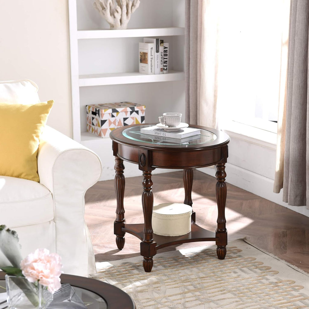 Solid Wood End Table with Tempered Glass and Storage Shelf J1800