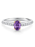 925 Sterling Silver 10K Yellow Gold Purple Amethyst White Lab Grown Diamond Engagement Ring (0.63 Cttw, Oval 6X4MM) F6812