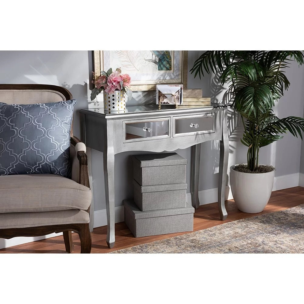 Brushed Wood and Mirrored Glass 2-Drawer Console Table D7608