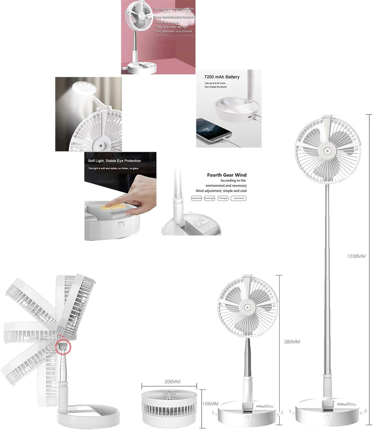 USB Rechargeable Folding Floor Fan with Mister and LED Lamp I59431