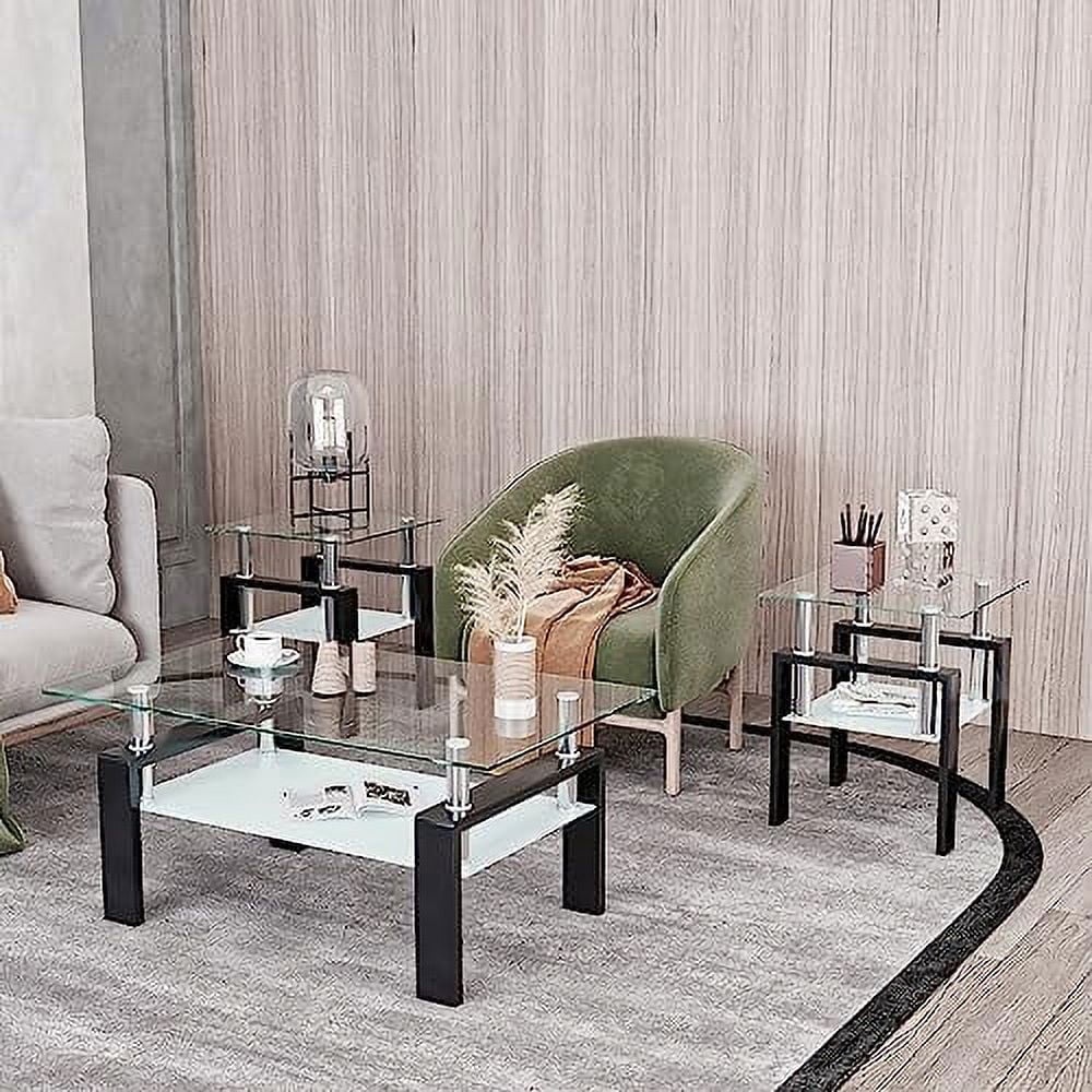 Glass Coffee Table End Table Sets of 3 White Metal Leg D875299