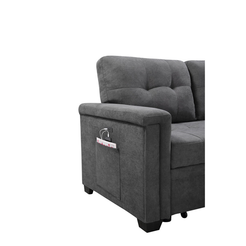 Gray Woven Fabric Sleeper Sectional Sofa Chaise with USB Charger and Tablet Pocket Q276924