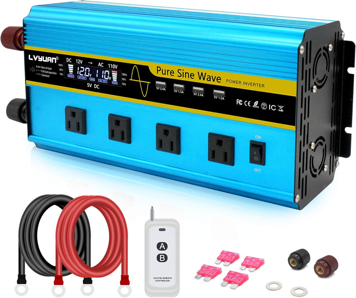 1000W Pure Sine Wave Power Inverter 12V to 110V DC to AC Converter with Dual USB Ports and Dual AC Outlets I6767