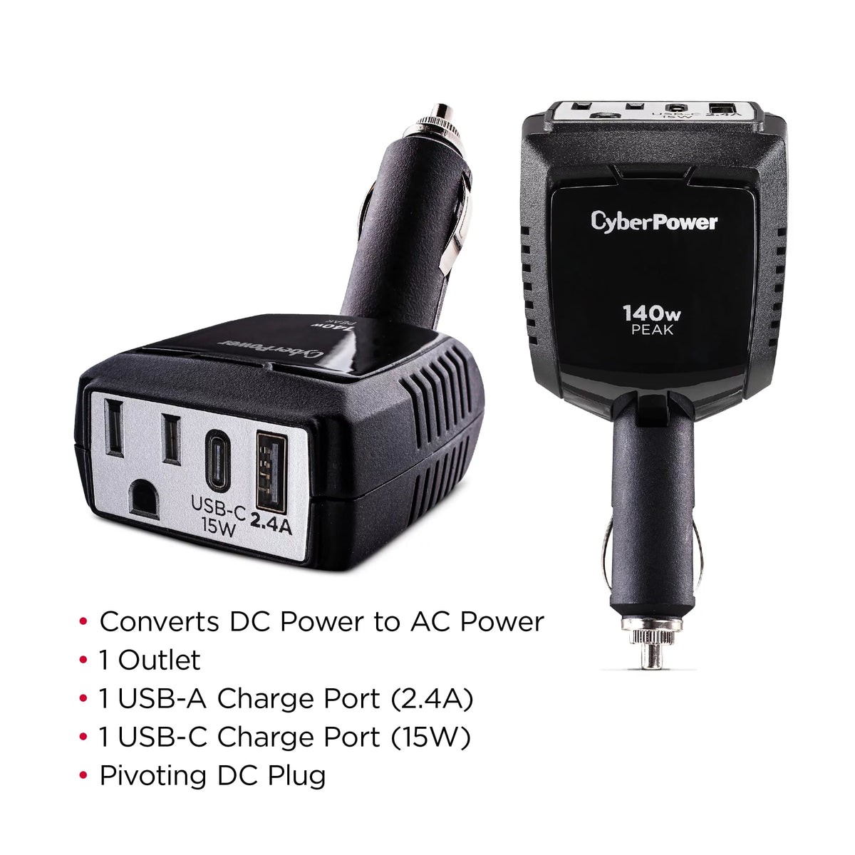 1 Outlet 140 Watt Power Inverter with USB-C & USB-A Port D7881