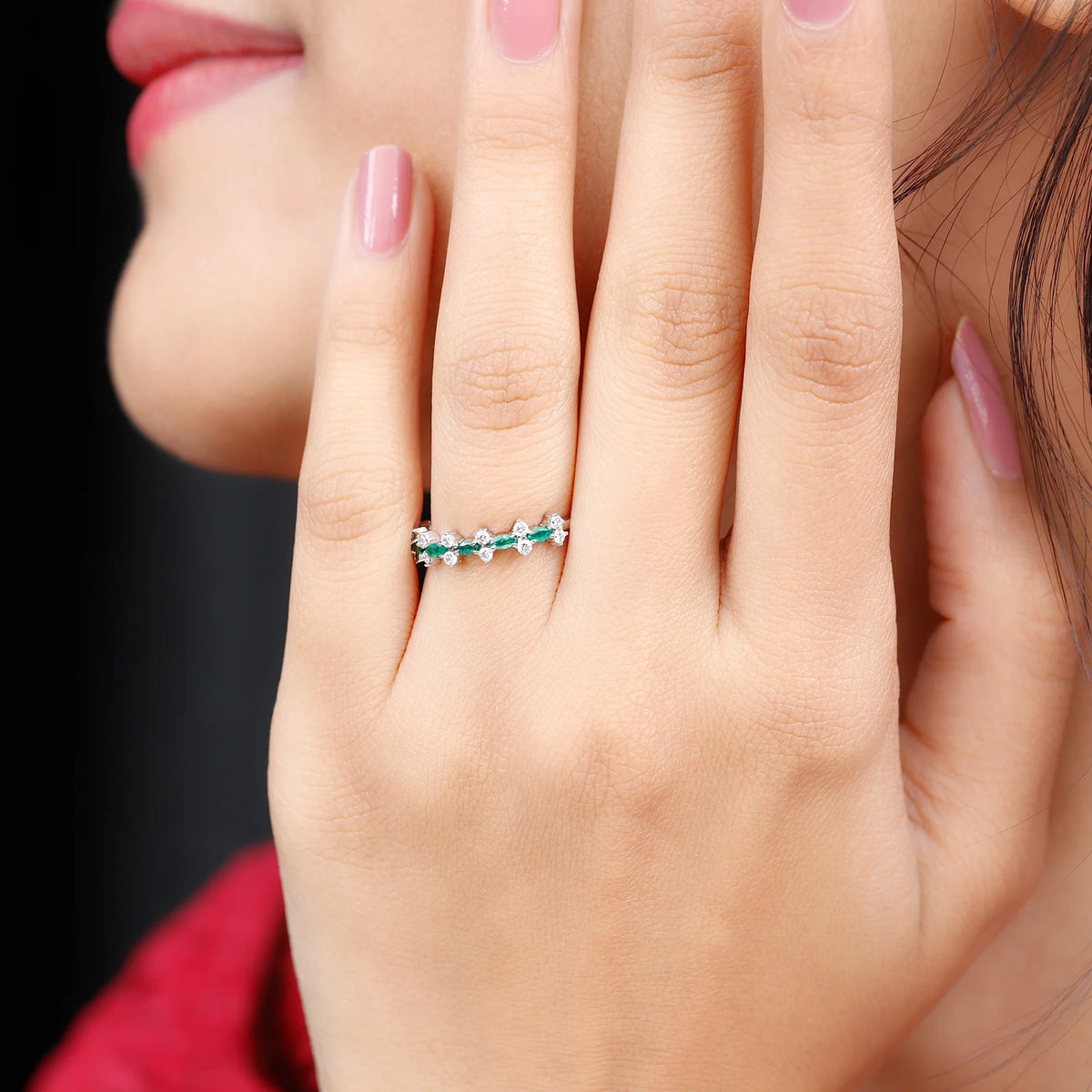 Marquise Emerald Ring with Diamond, 925 Sterling Silver M53263