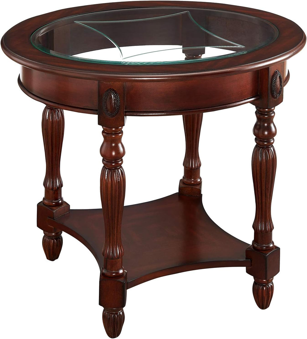 Solid Wood End Table with Tempered Glass and Storage Shelf J1800