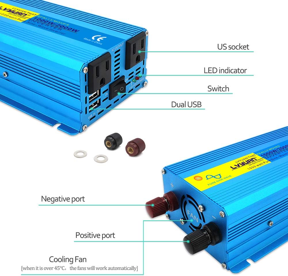 1000W Pure Sine Wave Power Inverter 12V to 110V DC to AC Converter with Dual USB Ports and Dual AC Outlets I6767