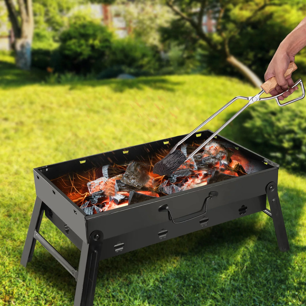 18" Portable Charcoal Grill and Smoker Stainless Steel Foldable BBQ Grill Black R350