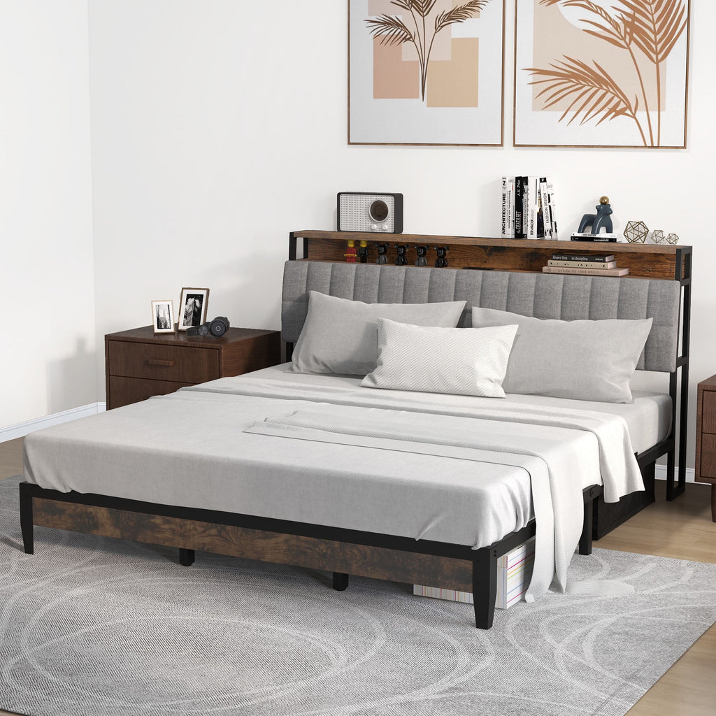 Full Size Upholstered Platform Bed Frame with Charging Station Z139146