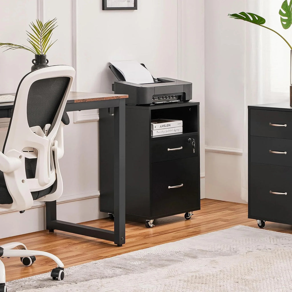2pcs Mobile File Cabinet Letter Size Filing Cabinet with Printer Stand Black Rustic Brown A8056