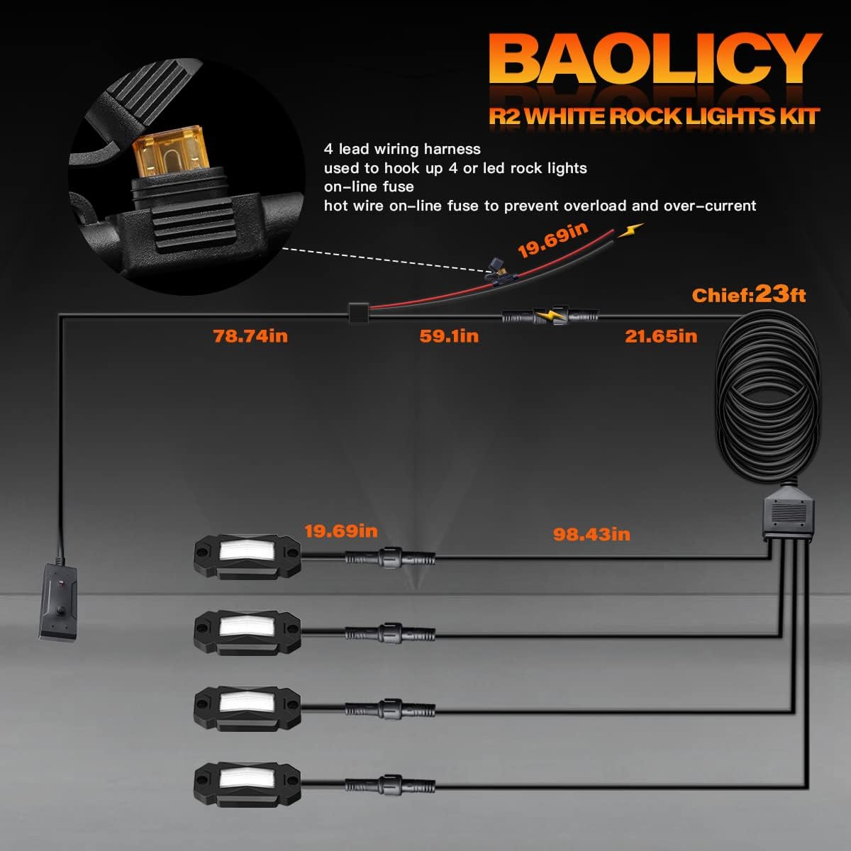 4Pods LED Rock Lights Kit with Switch Wire Harness E8500