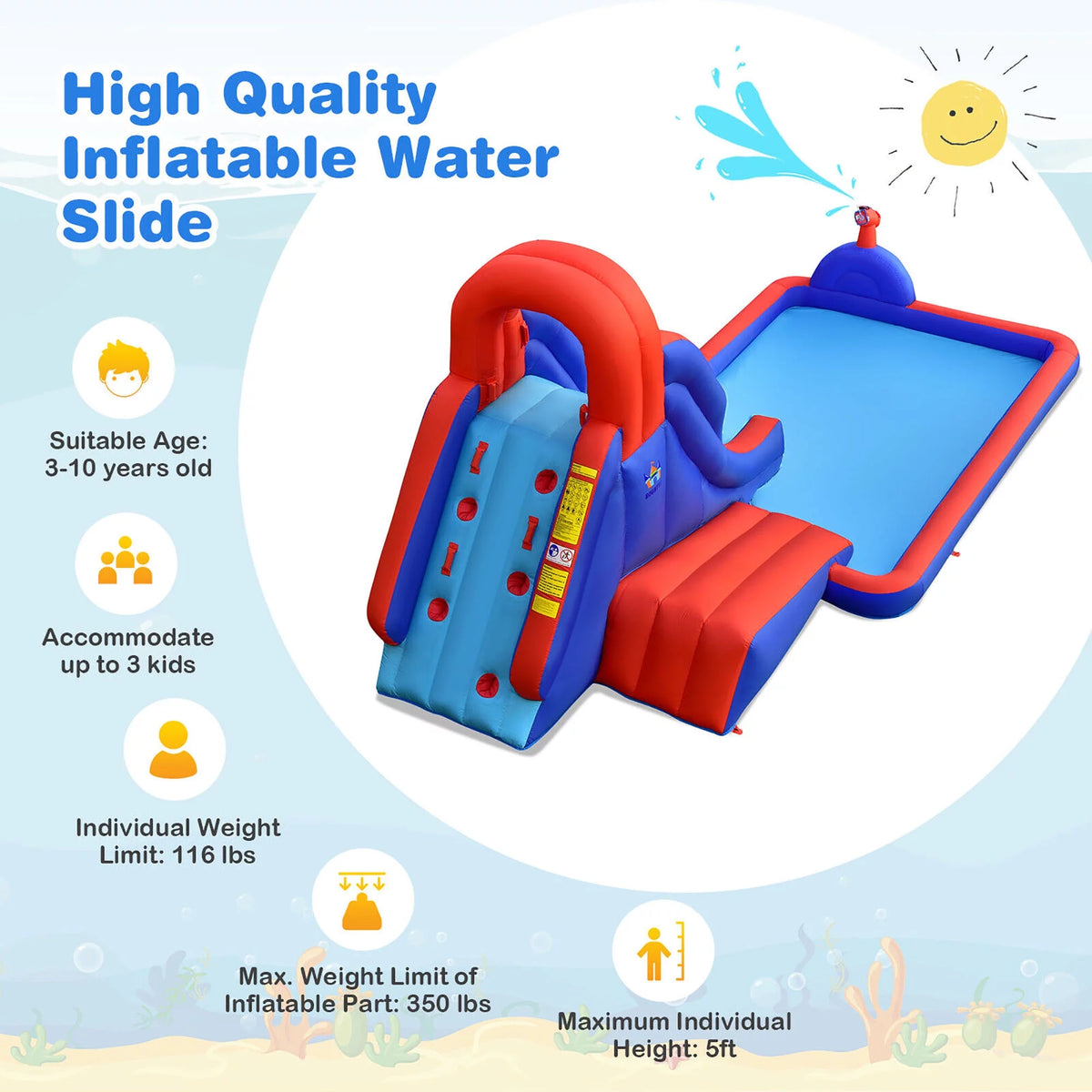 Inflatable Water Slide Park with Climb Slide Pool & 2 Swim Rings C2052