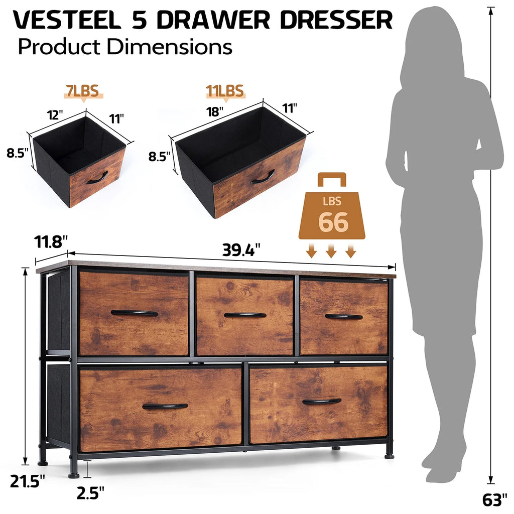 5 Drawer Fabric Dresser with Wood Top N6529
