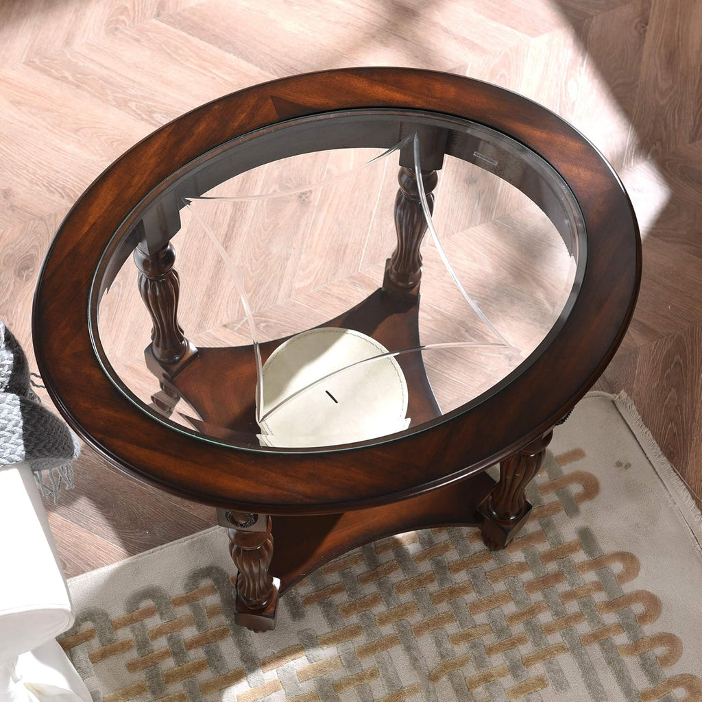 Solid Wood End Table with Tempered Glass and Storage Shelf J1800