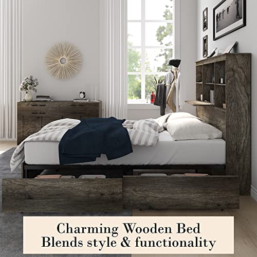 King Size Wooden Platform Bed with Storage Headboard and 4 Drawers H15279