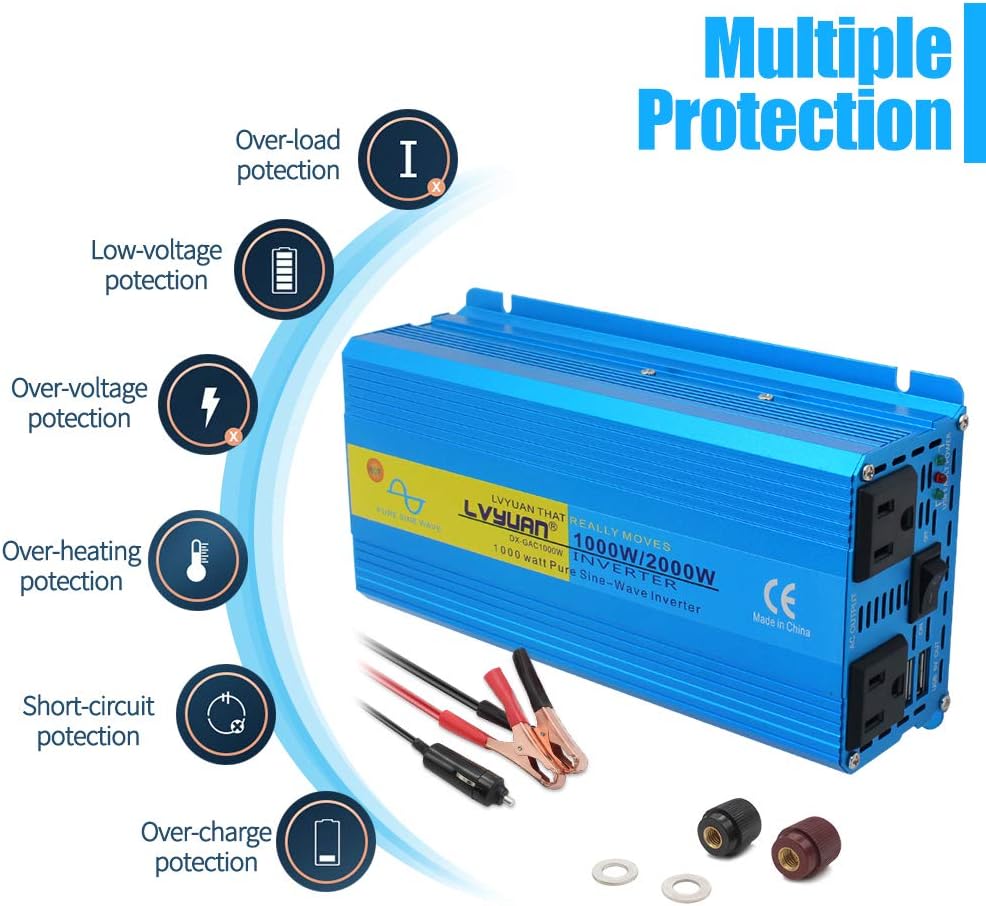 1000W Pure Sine Wave Power Inverter 12V to 110V DC to AC Converter with Dual USB Ports and Dual AC Outlets I6767