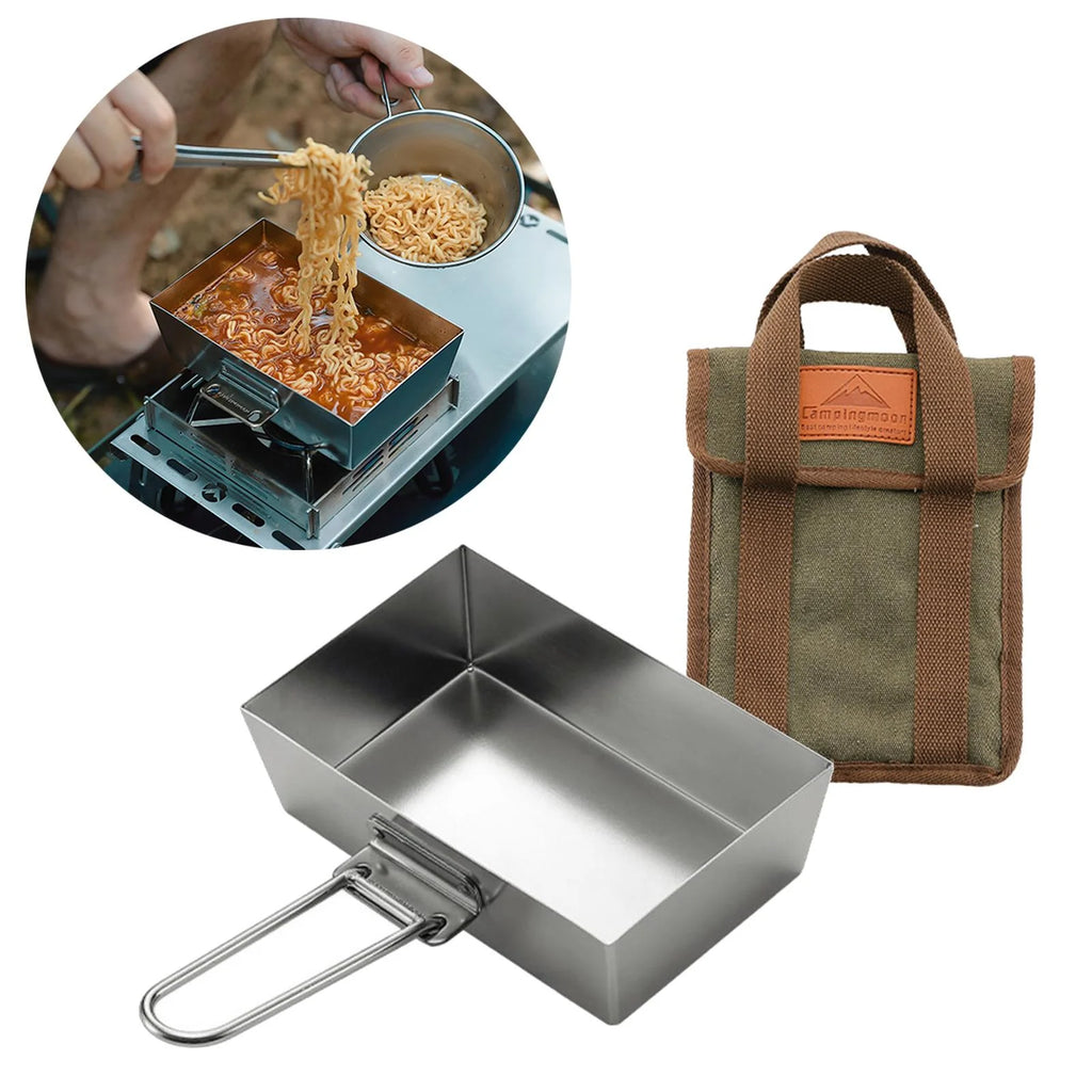 Stainless Steel Frying Pan Camping Pot with Lid Foldable Handle Cookware T321